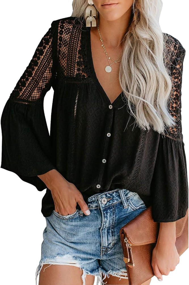 Photo 1 of FARYSAYS Women's Tops Lace Crochet V Neck Button Down Bell Sleeve Shirts Casual Loose Blouses