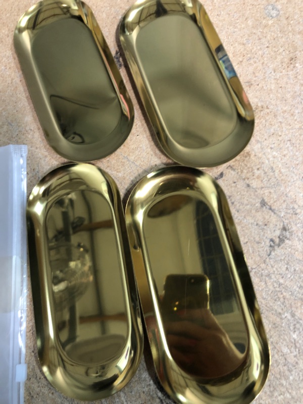 Photo 2 of 4 Pcs 7 Inch x 3.3 Inch Trinket Tray, Gold Stainless Steel, for Serving Trays Towel Storage Dish Plate Tea Fruit Trays Cosmetics Jewelry Plate Decorative Storage Tray (Gold 4pcs, 7.1x3.34) Gold 4pcs 7.1x3.34inch