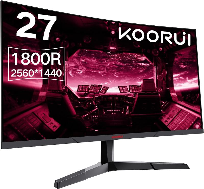 Photo 1 of KOORUI 27 Inch Computer Monitor, QHD 2560P Gaming Monitor 75Hz(1ms, 1800R Curved VA Panel, DP1.2+HDMI*2, Build-in AdaptiveSync, Narrow Bezel with Ultra-Thin), Tilt Adjustable,Eye Care
