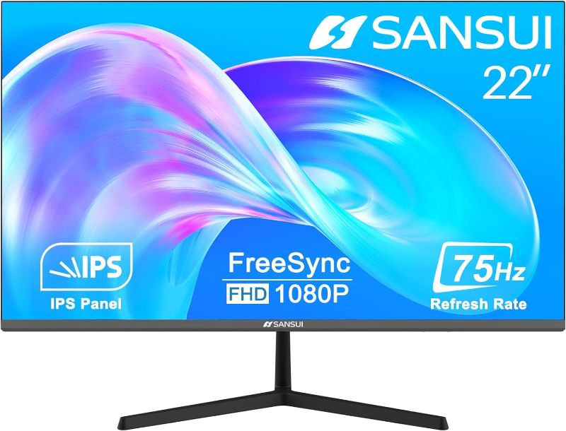 Photo 1 of SANSUI Monitor 22 Inch IPS 75Hz FHD 1080P HDMI VGA Ports Computer Monitor Ultra-Thin Tilt Adjustable VESA Mount Compatible with Eye Comfort 178° Wide Viewing Angle for Game and Office(ES-22X3)
