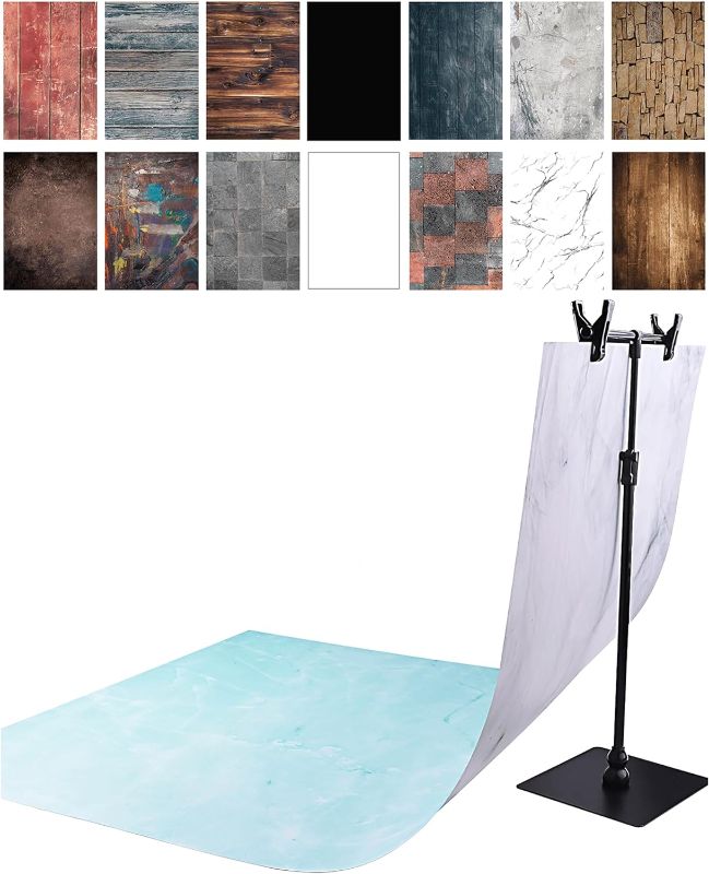 Photo 1 of 7PCS Food Photo Backdrops for Photography with Stand | 14Patterns 22x34in | Product Photography Background Paper | Table Photography Backdrops White Cement Wood