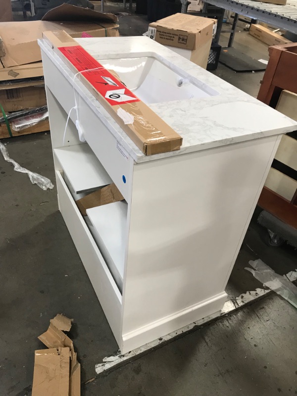 Photo 4 of *DAMAGED* Home Decorators Collection
Doveton 36 in. W x 19 in. D x 34 in. H Single Sink Bath Vanity in White with White Engineered Marble Top
