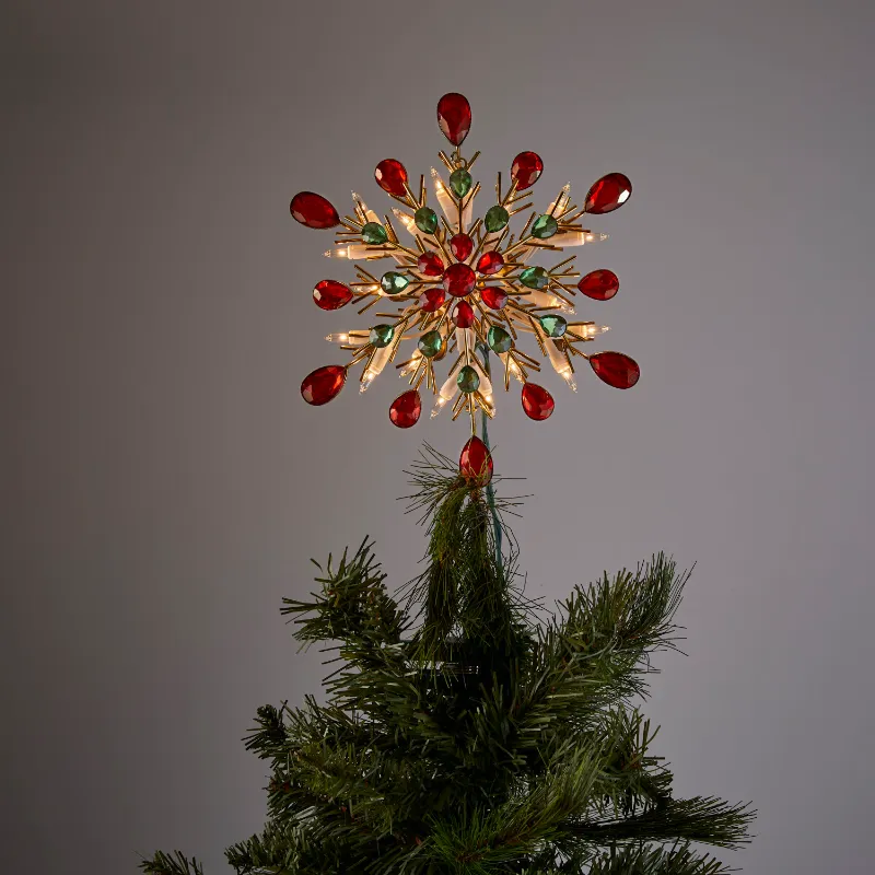 Photo 1 of 9.5-in Snowflake Gold/Green/Red Clear Christmas Tree Topper
