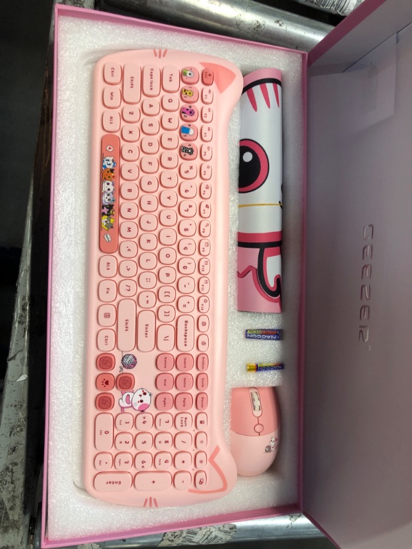 Photo 2 of Cute Cat 2.4G USB Wireless Keyboard and Mouse and Mosepad Combo, Silent Keys, Candy Colors, Compatible with Notebook, PC (pink  -110Keys)