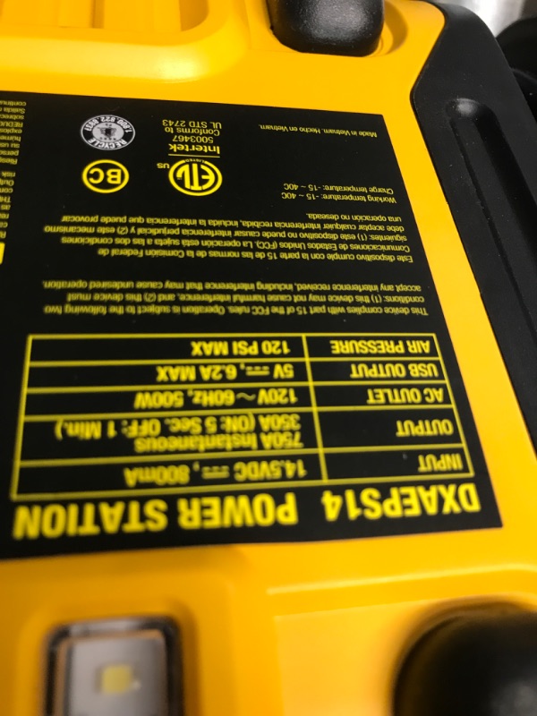 Photo 5 of DEWALT DXAEPS14 1600 Peak Battery Amp 12V Automotive Jump Starter/Power Station with 500 Watt AC Power Inverter, 120 PSI Digital Compressor, and USB Power , Yellow