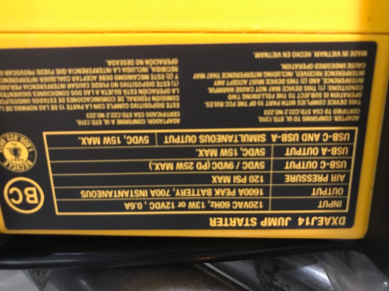 Photo 3 of DEWALT DXAEJ14-Type2 Digital Portable Power Station Jump Starter - 1600 Peak Amps with 120 PSI Compressor, AC Charging Cube, 15W USB-A and 25W USB-C Power for Electronic Devices 1600 Amps