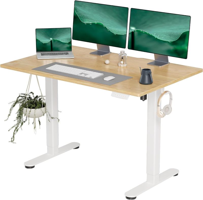 Photo 1 of INNOVAR Solid Wood Electric Standing Desk, 48x24 Inches Adjustable Height Stand up Desk with Whole Piece Desktop, Sit Stand Home Office Desk White Frame/Nature Top
