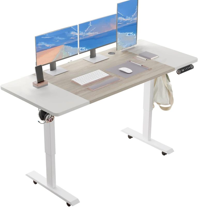 Photo 1 of BUNOEM Height Adjustable Electric Standing Desk, 55X24 Height Stand Up Computer Desk,Sit and Stand Home Office Desk with Splice Board (White+Oak Top, White Frame)
