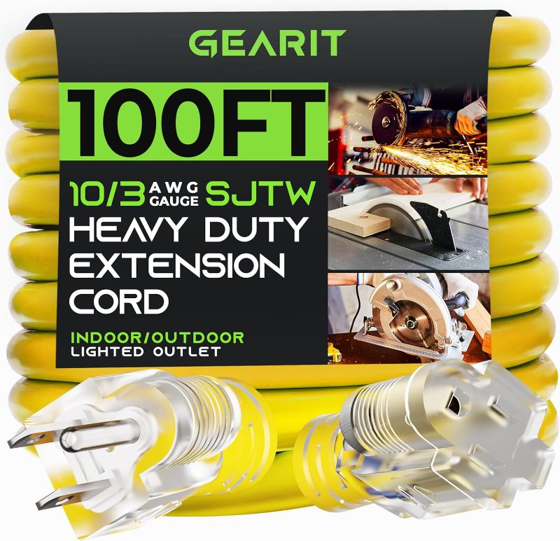 Photo 1 of GearIT Extension Cord 100 Feet 10/3-3 Triple Outlet Ultra Heavy Duty SJEOW Extreme Weather Outdoor/Indoor - 10 Gauge 3 Prong, LED Lighted Plug, Oil Resistant Rubber Jacket 3 Outlet - 10AWG 100ft (SJEOW)