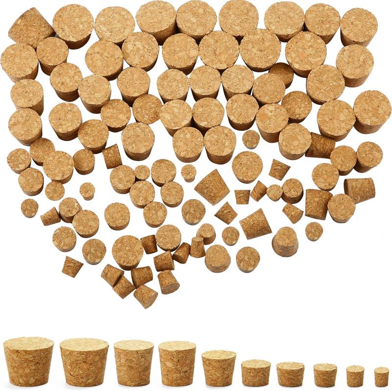 Photo 1 of 100 Pack Cork Stoppers Wooden Tapered Wine Bottle Cork Plugs Replacement Assorted Corks for Wine Beer Bottle Crafts, 10 Sizes