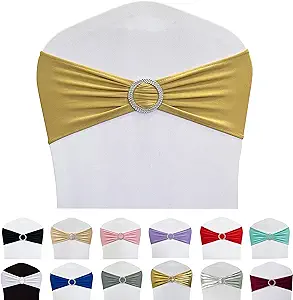 Photo 1 of Maiangel Spandex Chair Sashes Bands 50PCS Stretch Chair Ties Bows with Buckle Slider for Wedding Party Banquet Decoration (Gold)