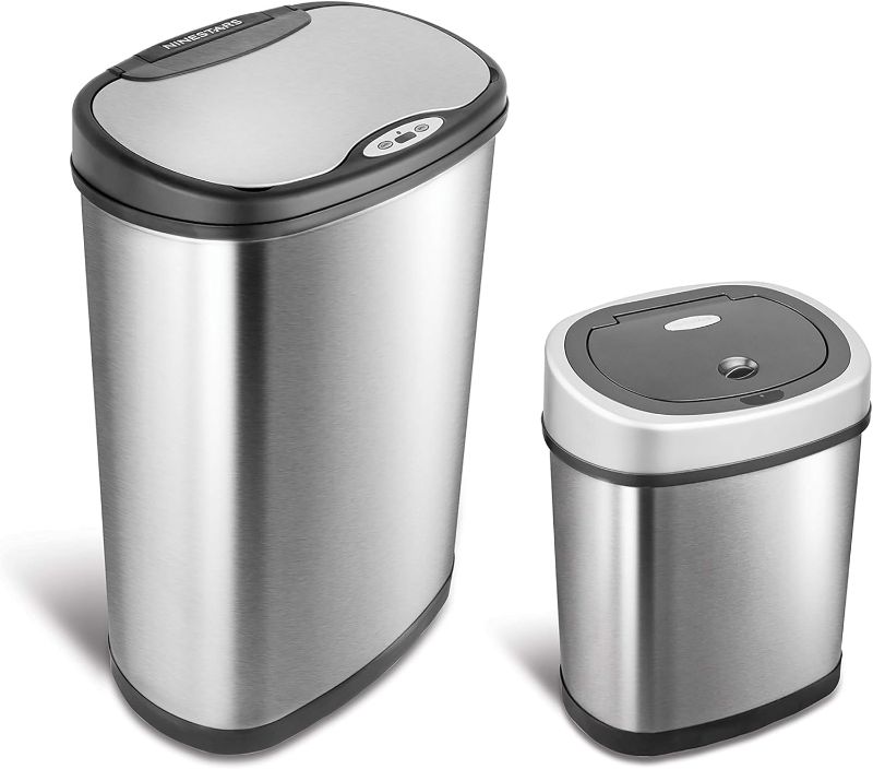 Photo 1 of ***USED - DENTED - SEE PICTURES - UNABLE TO TEST MOTION SENSING FUNCTION***
NINESTARS Motion Sensor Trash Can Combo Set, 13 Gal 50L & 3 Gal 12L, (Oval, Silver/Black Lid)