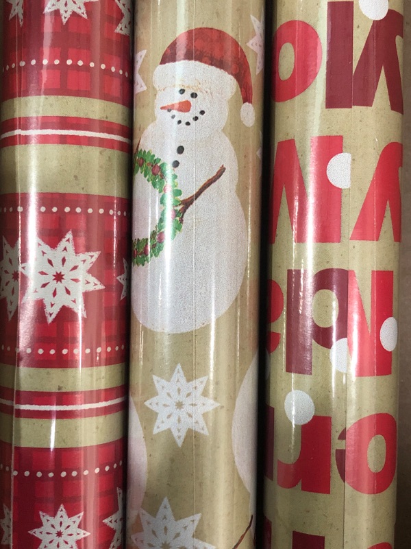 Photo 2 of Hallmark Reversible Christmas Wrapping Paper (3 Rolls: 120 sq. ft. ttl) "Merry Holidays," Snowflakes, Snowmen, Red Stripes
