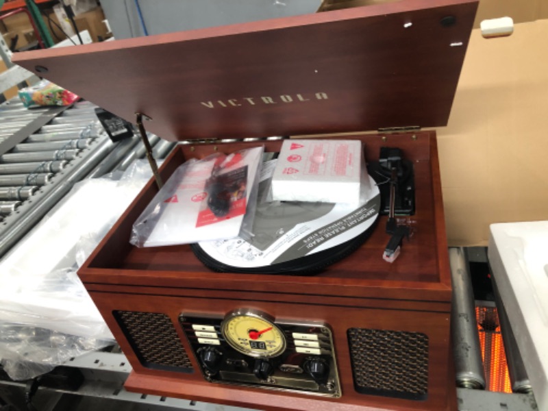 Photo 2 of Victrola Nostalgic 6-in-1 Bluetooth Record Player & Multimedia Center with Built-in Speakers - 3-Speed Turntable, CD & Cassette Player, FM Radio | Wireless Music Streaming | Mahogany Mahogany Entertainment Center