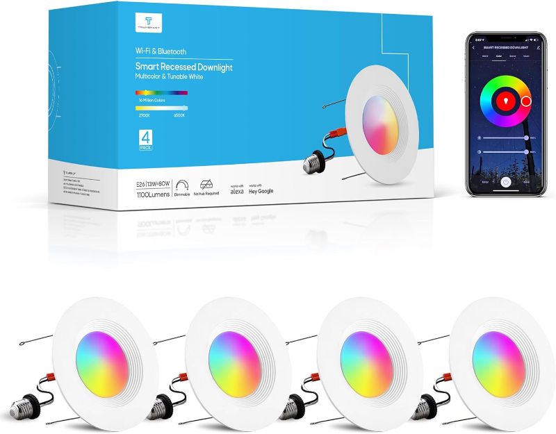 Photo 1 of 2pk TRAMSMART 6 Inch Smart LED Recessed Lights 4 Pack? 13W 1100LM Retrofit LED Recessed Lighting RGBCW Color Changing Dimmable Can Lights, Downlight Work with Alexa/Google Assistant
