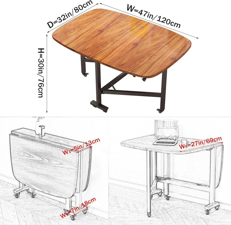 Photo 3 of Rukulin Drop Leaf Dining Table – Solid Wooden Foldable Kitchen Table with 6 Wheels for Dining Room (Brown)