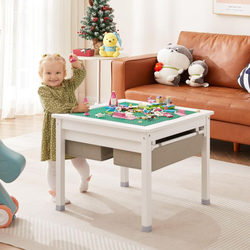 Photo 4 of (READ NOTES) Onirw 3 in 1 Kids Table with Storage Drawers, Wooden Toddler Construction Play Table with Detachable Blocks and Blackboard Tabletop, Compatible with Lego and Duplo Bricks (White - Without Chair)