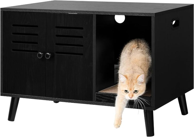 Photo 1 of (READ NOTES) WEENFON Cat Litter Box Furniture Hidden, Litter Box Enclosure with 2 Mats, Pet Crate, Cat Washroom Cabinet, Fits Most Litter Box, Louvered Doors, Black
