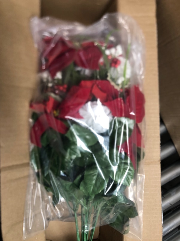 Photo 2 of Admired By Nature 18 Stems Artificial Poinsettia Bouquet Fake Christmas Flower, Faux Velvet Poinsettia Carnation Christmas Bush For Home Decor, Holiday Bush, Indoor Floral, Cemetery Flowers, White/Red Ornament Poinsettias - Rd/Cm