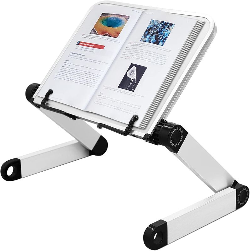 Photo 3 of Extra Large Book Stand Adjustable for Bed Sofa,Multifunctional Laptop Stand Book Holder with Page Clips,Ergonomic Multi Heights Angles Adjustable,Cooking Book Stands for Heavy Textbook Portable 19.5x10inches 4 legs-White