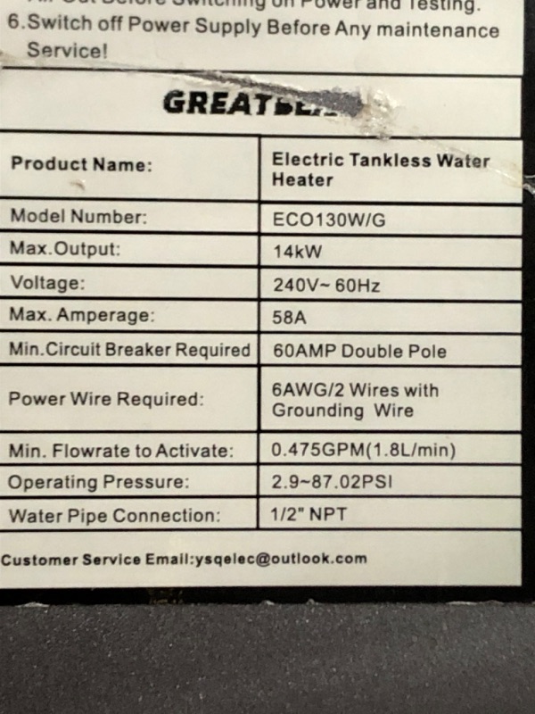 Photo 3 of ***PARTS ONLY*** Electric Tankless Water Heater, GREATBEAR 14KW On Demand Water Heater Electric 240V, Point of Use Instant Hot Water Heater, With Self Modulating ECO130G Gray