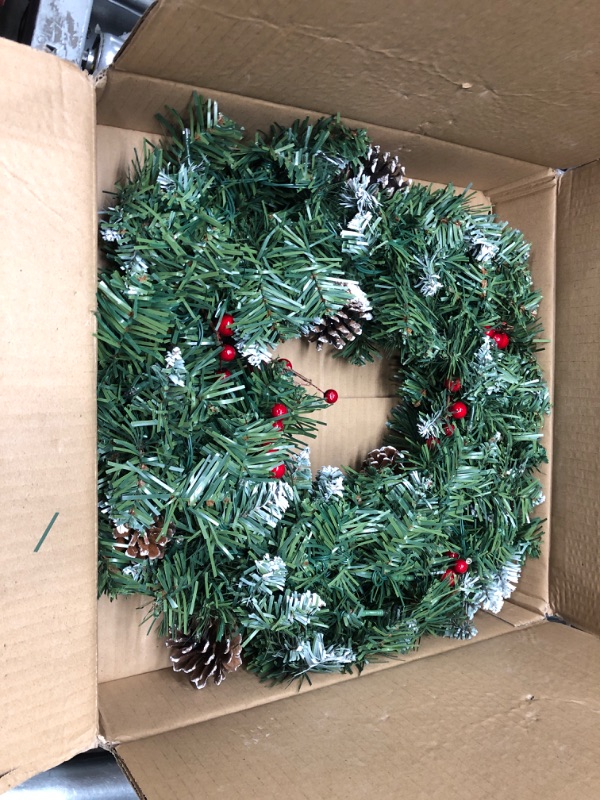 Photo 2 of 20" Pre-Lit Christmas Wreath, Battery Operated with 30 LED Lights Artificial Holiday Wreath, Metal Ring Base, Pine Cones, Red Berries, Snowy Pine Needles (Snowy)