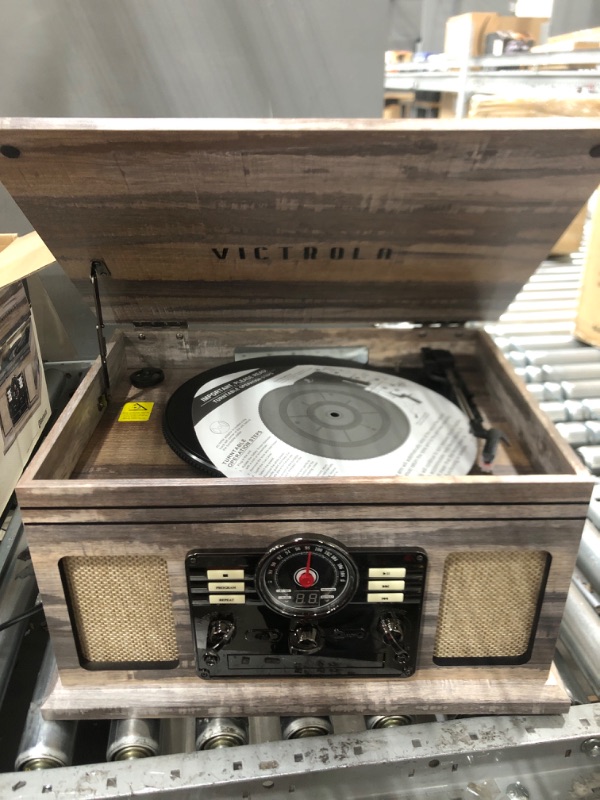 Photo 3 of Victrola Nostalgic 6-in-1 Bluetooth Record Player & Multimedia Center & Cassette Player, AM/FM Radio | Wireless Music Streaming | Farmhouse Shiplap Grey & Wooden Record Crate, Wood Color Farmhouse Shiplap Grey Entertainment Center + Record