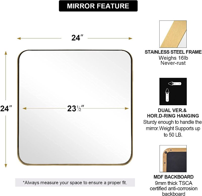 Photo 3 of ANDY STAR Square Wall Mirror for Bathroom, 24”x24” Brushed Gold Bathroom Mirror, Rounded Corner Metal Mirror in Premium Stainless Steel Frame Hangs Horizontal Or Vertical?No Rose Gold? Gold 24”x24”