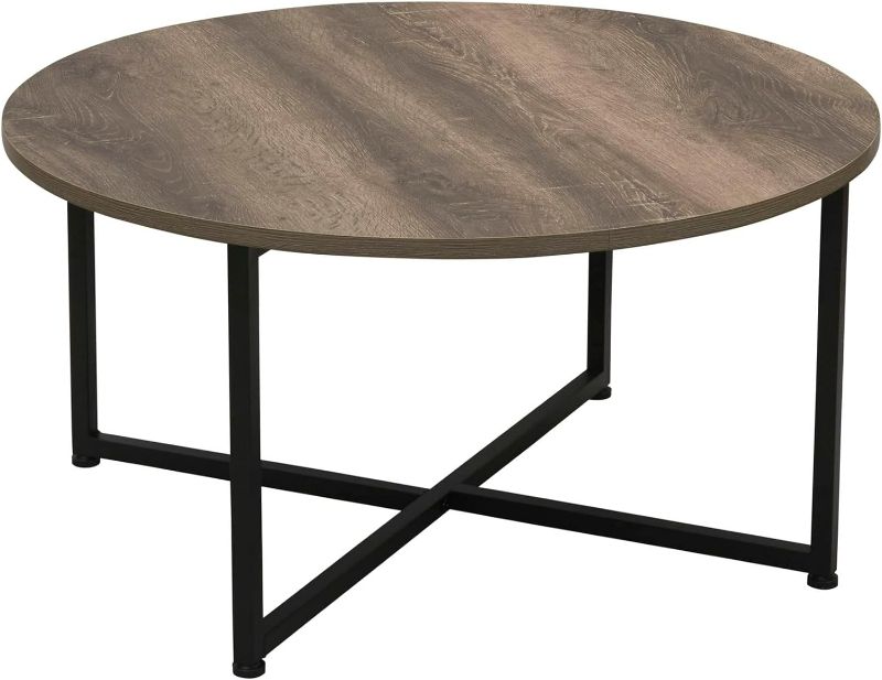 Photo 1 of **SEE NOTES/DAMAGED**
Household Essentials Jamestown Round Coffee Table Ashwood Rustic Wood Grain and Black Metal 31.5 x 31.5, Taupe
