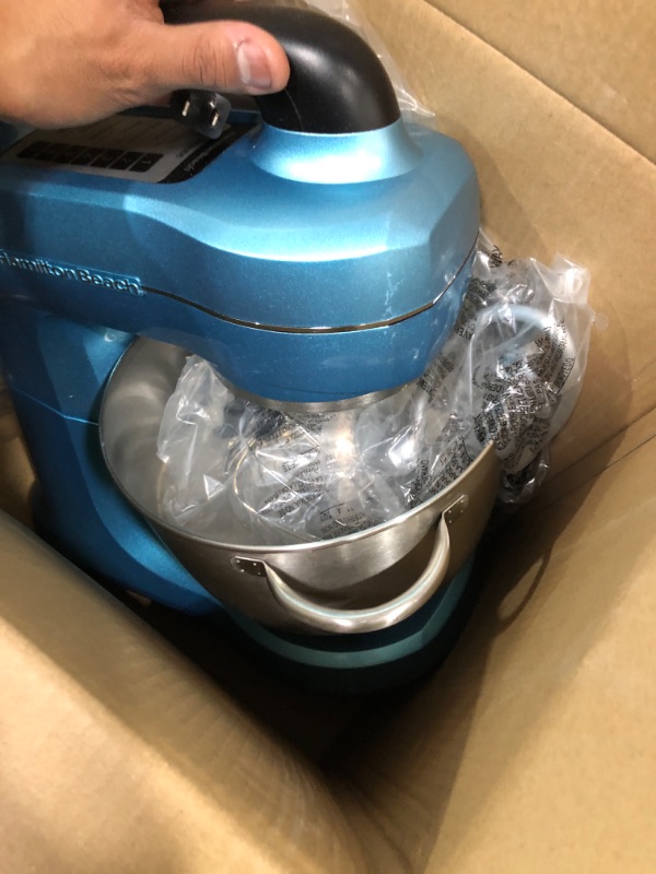 Photo 3 of Hamilton Beach Electric Stand Mixer, 4 Quarts, Dough Hook, Flat Beater Attachments, Splash Guard 7 Speeds with Whisk, Blue Blue Mixer