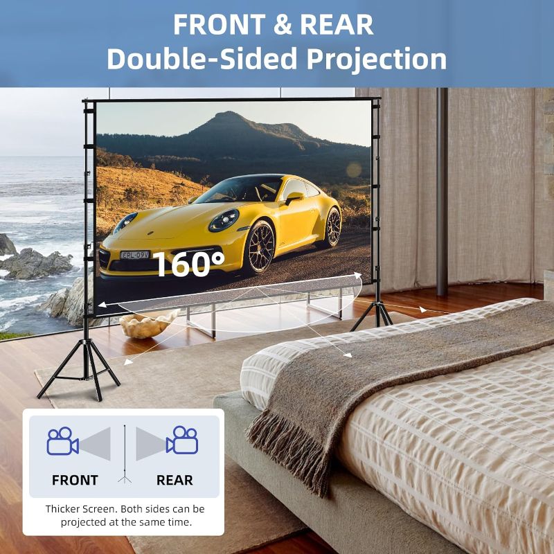 Photo 1 of Projector Screen and Stand,Towond 100 inch Indoor Outdoor Projection Screen, Portable 16:9 4K HD Rear Front Movie Screen Pull Down with Carry Bag Wrinkle-Free Design for Home Theater Backyard Cinema 100'' with stand