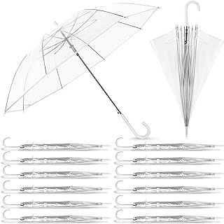 Photo 1 of Fabbay 24 Packs Clear Umbrella Wedding Style Stick Umbrellas Large Canopy Windproof Transparent Stick Umbrellas Wedding Rain Transparent Umbrellas Bulk Auto Open J Hook Handle Outdoor White Handle