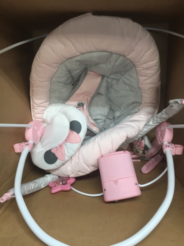 Photo 3 of Bright Starts Minnie Mouse Rosy Skies Baby Bouncer with Vibrating Infant Seat, Music & 3 Playtime Toys, 23x19x23 Inch (Pink)