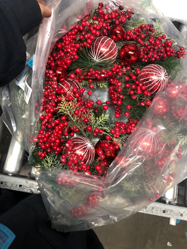 Photo 1 of 24" Christmas Wreath, Artificial Holiday Wreath Natural Rattan Ring , Red Baubles, Spruce Branches,                