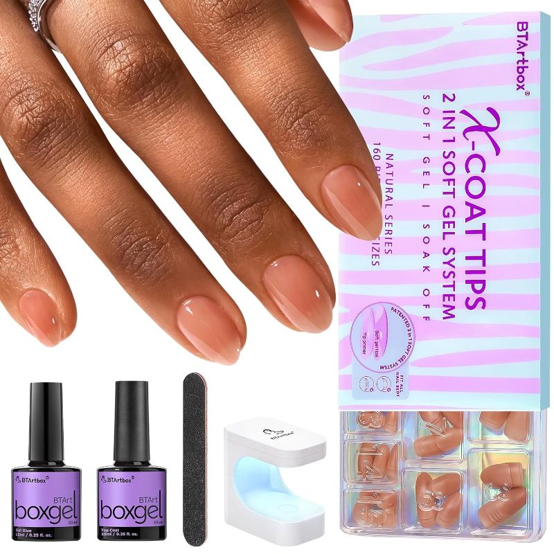 Photo 1 of Gel Nail Kit - BTArtbox Soft Gel Nail Tips and Glue Gel Kit, 2 in 1 X-coat Tips with Tip Primer Base, 150pcs Extra Short Nail Tips Almond Oval with Gel Nail Glue Top Coat Nail Extension Kit, Brown
