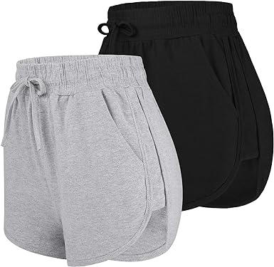 Photo 1 of URATOT 2 Pack Cotton Yoga Short Women Summer Running Gym Sports Waistband Shorts with Pockets M
