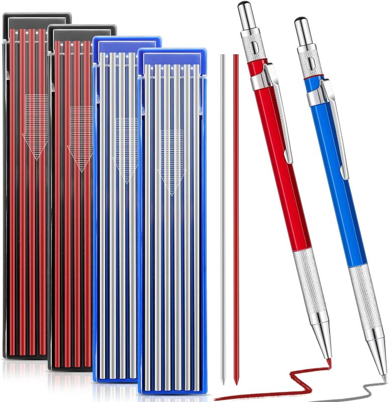 Photo 1 of 2 Pcs Welders Pencil with 48 PCS Round Refills Mechanical Pencils Metal Welding Marker for Tube Pipe Fitter Welder Steel Construction Woodworking (Red, Silver)
