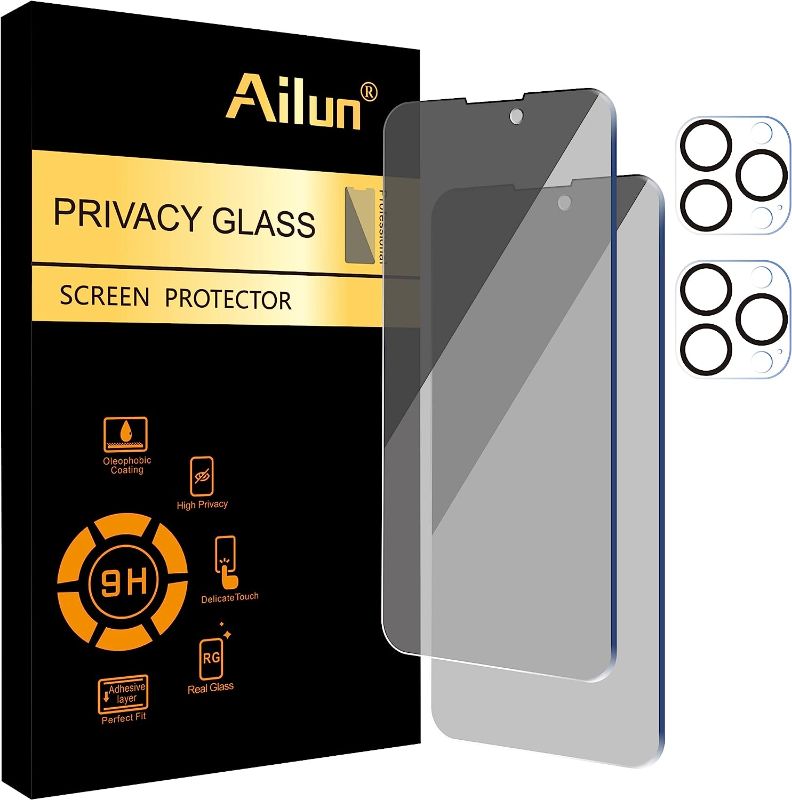 Photo 1 of Ailun 2Pack Privacy Screen Protector Compatible for iPhone 14 Pro Max[6.7 inch] + 2 Pack Camera Lens Protector, Anti Spy Private Tempered Glass Film, Case Friendly, [9H Hardness] - HD [Black]
