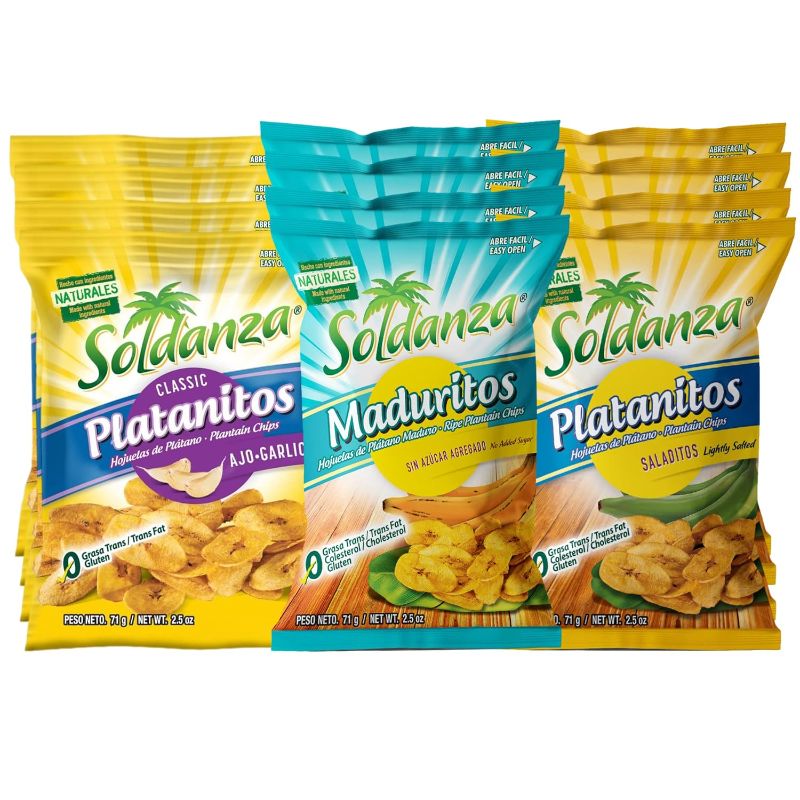 Photo 1 of *12/9/2023* Soldanza Plantain Chips, Variety Pack 2.5 oz (Pack of 12) 4 x Salted Plantain Chips, 4 x Ripe Plantain Chips, 4 x Garlic Plantain Chips
