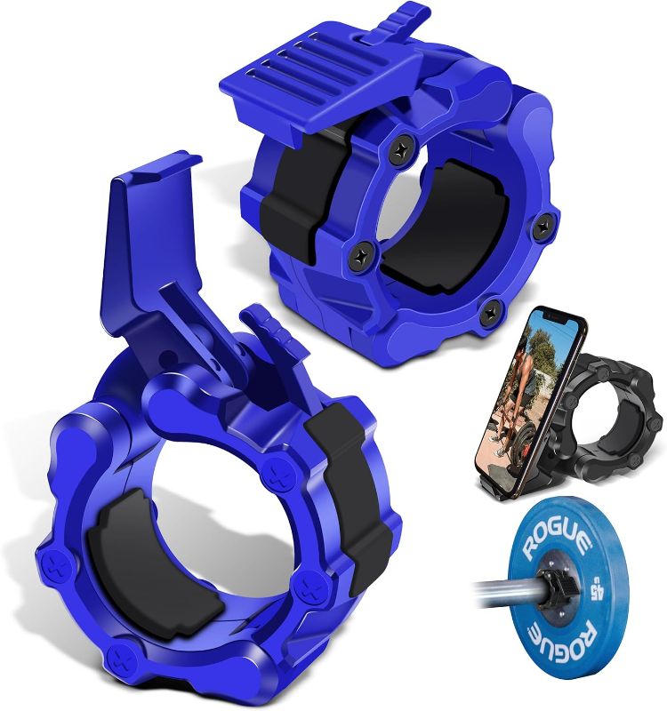 Photo 1 of 2 in 1 Olympic Barbell Clamps,Barbell Clips,Barbell Storage,Rack,Barbell Collars,Phone Holder, Barbell Weight Clips Quick Release Pair of Locking Weight Clips Fit 2 Inch Barbell for Weightlifting
