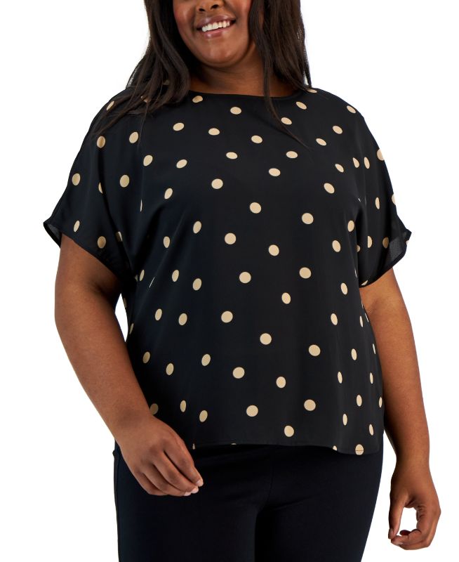 Photo 1 of Anne Klein Plus Size Dot-Print Bateau-Neck Short-Sleeve Blouse - Anne Black/latte
2X