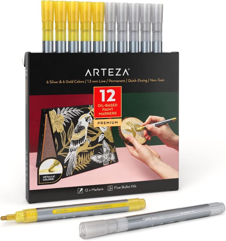 Photo 1 of ARTEZA Metallic Oil-Based Paint Markers, 12-Pack, 6 Silver and 6 Gold, 1.3 mm Line, Permanent Pens, Waterproof Rock Painting, Craft and Art Supplies for Stone, Wood, Glass, Metal, Canvas, Paper 12 Pack Metallic (2-Pack)