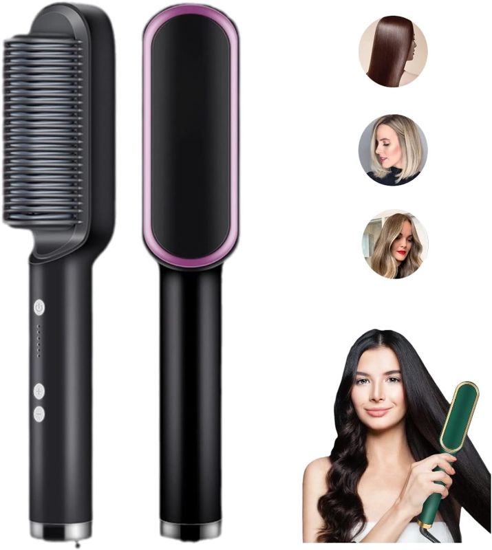 Photo 1 of 2023 New Negative Ion Hair Straightener with 5 Temp, 2 in 1 Brush and Curler, Portable Electric Straightening Heated Styling Comb 10s Fast Heating Anti-Scald (Black)
