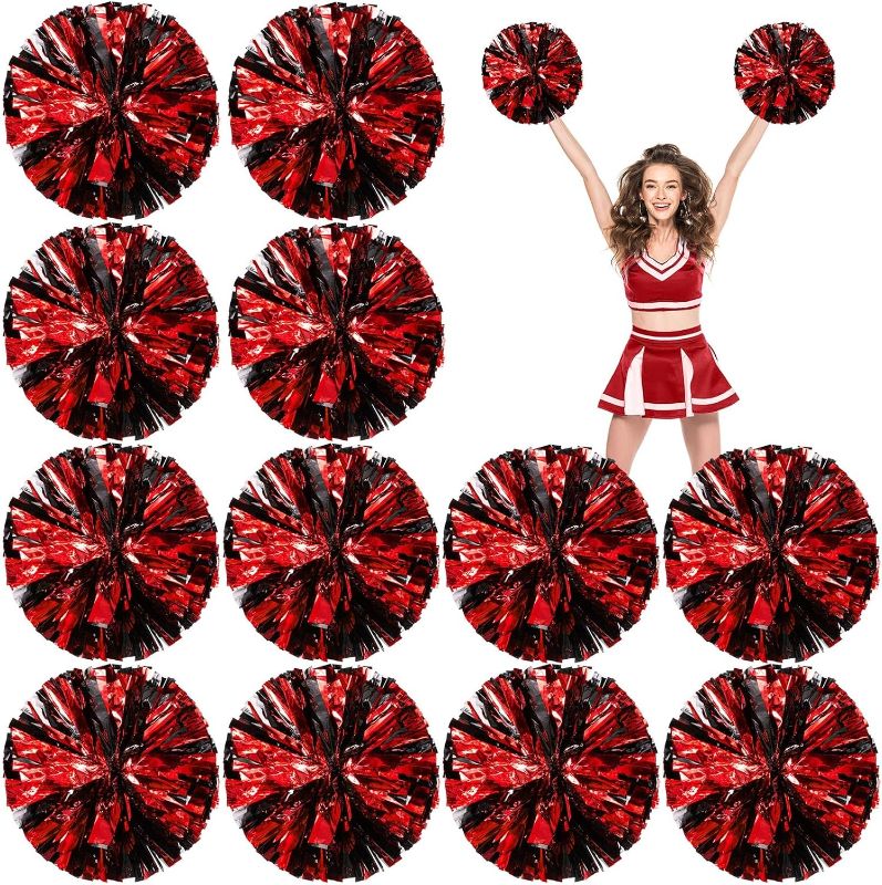 Photo 1 of 12 Pack Cheerleading Pom Poms, Metallic Foil Pom Poms with Baton Handle Cheer Squad Team Spirited Fun Pom Poms for Party, Sports Dance Cheer, 12 Inch, 50g Weight Each
