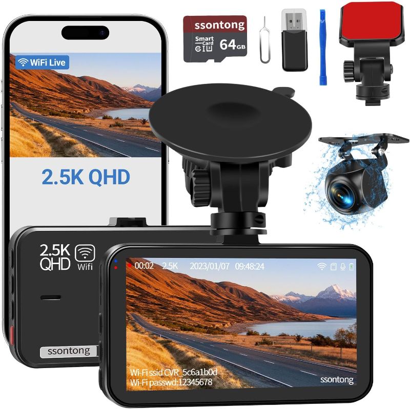 Photo 1 of Dash Cam Front and Rear, Dash Camera for Cars WiFi/APP Control Dual Dashcam W/ 64GB Card, 2.5K Dash Cam Front+1080P Rear Car Camera W/Super Night Vision, Loop Recording, G-Sensor, Max Support 256GB
