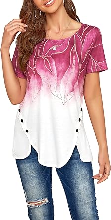 Photo 1 of Damorong Womens Summer Casual Short/Long Sleeve Shirts Tunic Tops Gradient Floral Round Neck Button Side Top Blouses(UNKNOWN SIZE)