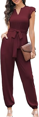 Photo 1 of Happy Sailed Womens Dressy Jumpsuits Casual V Neck Frill Sleeve Waist Belt Pocket Long Pants Romper One Piece Outfits, MEDIUM