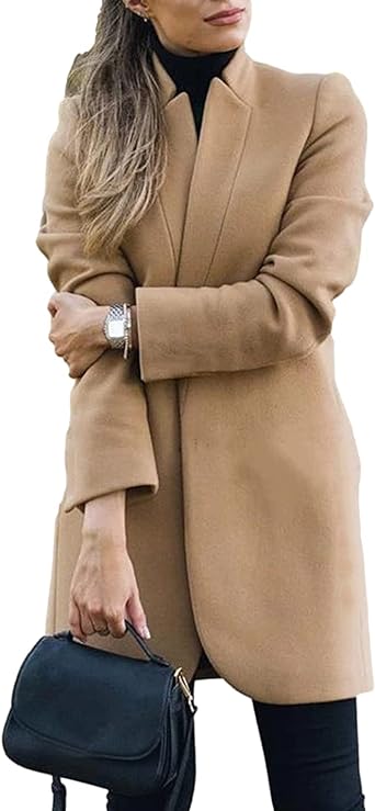 Photo 1 of Omoone Women's Basic Stand Collar Slim Fit Jacket Pea Coat Notched Lapel Trench Coat
SIZE L