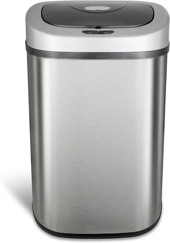 Photo 1 of **READ NOTES BELOW**NINESTARS Automatic Touchless Infrared Motion Sensor Trash Can with Stainless Steel Base & Oval, Silver/Black Lid, 21 Gal 21 Gal Trash Can