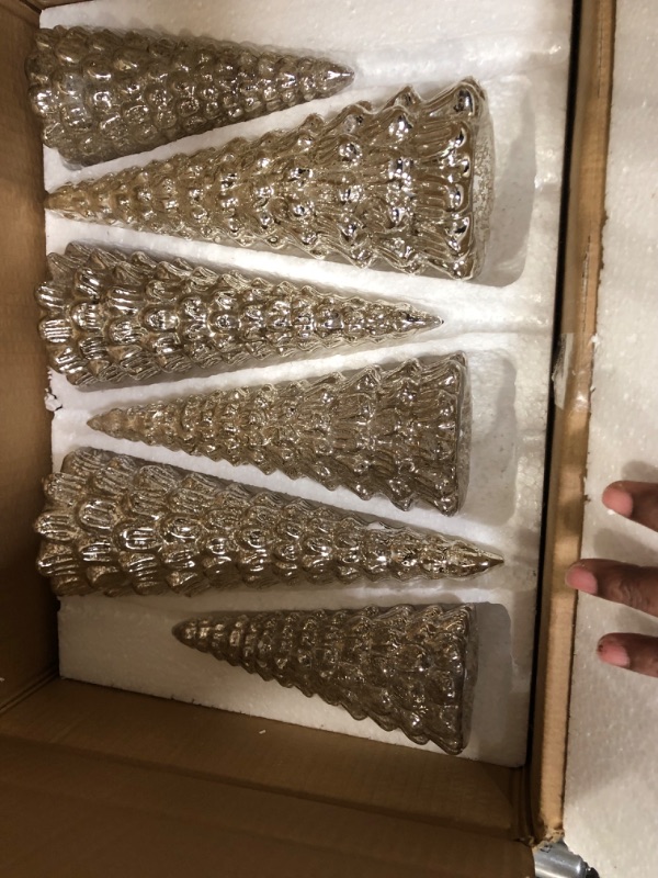 Photo 1 of 6 Pieces Glass Christmas Tree Silver Glass Christmas Decoration Lighted Table Top Christmas Trees with Lights Battery Operated Figurine for Mantel Centerpieces Tabletop (Vivid)